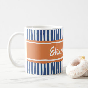 Caneca De Café Pintura ondulada stripes laranja e azul com nome