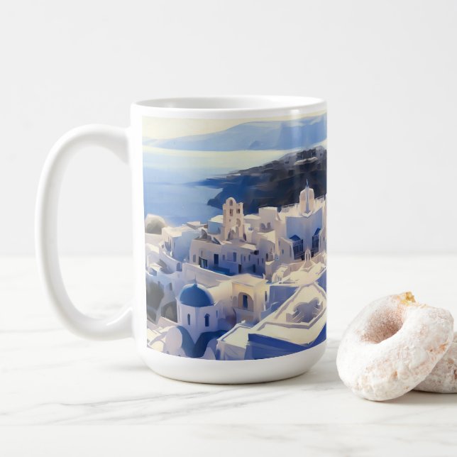 Caneca De Café Pintura por Aquarela da Grécia Santorini (Com Donut)