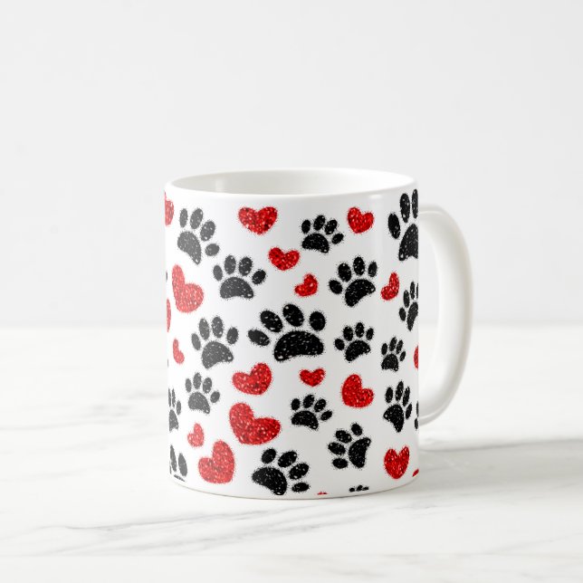 Caneca De Café Pinturas De Cães E Corações Vermelhos (Frente Esquerda)