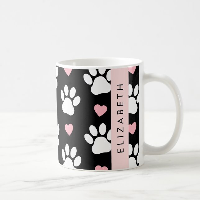 Caneca De Café Pinturas De Cães, Patas Brancas, Corações Rosa, Se (Direita)