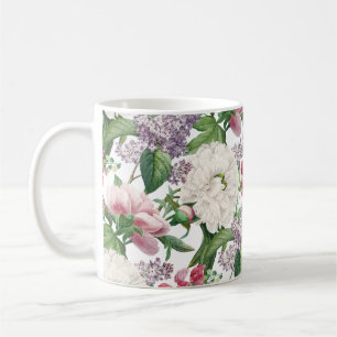 Caneca De Café Pionies & Lilases Jardim de Flores Padrão Aquarela