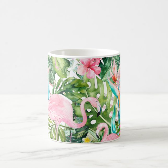 Caneca De Café PixDezines Flamingos Rosa + Folhagem Tropical (Centro)