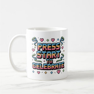 Caneca De Café Pixel Retroativo Colorido Pressione Iniciar Celebr