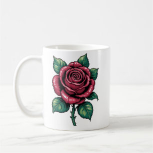 Caneca De Café Pixel Rose – Arte Floral Retro