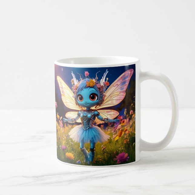 Caneca De Café Pixie Robot Ballerina Dança nas Flores Selvagens (Direita)