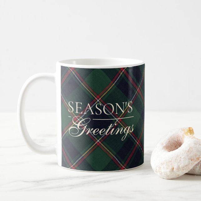 Caneca De Café Plaid Clássico em Azul Escuro Vermelho e Verde em  (Com Donut)