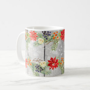 Caneca De Café Planks de Madeira Floral de Natal