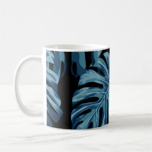 Caneca De Café Planta de Monstera: padrão das folhas azuis.