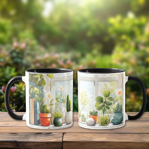 Caneca De Café Plantas Botânicas em Aquarela & Suculentas