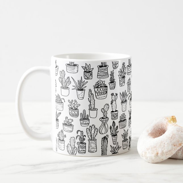 Caneca De Café Plantas de Cacto em Vasos Padrão Fofo Preto & Bran (Com Donut)