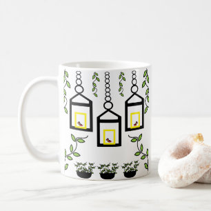 Caneca De Café Plantas Verdes Pássaros Padrão Natural