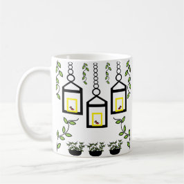 Caneca De Café Plantas Verdes Pássaros Padrão Natural