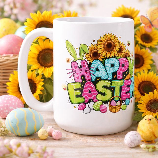 Caneca De Café Playful Easter Artwork With Bunny Ears and Florals (Criador carregado)