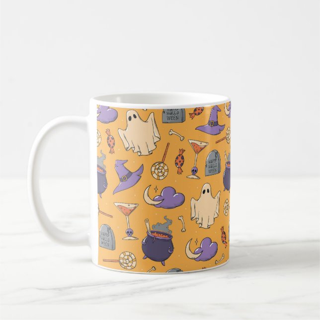 Caneca De Café Playful Halloween Ghosts and Witches Patterno (Esquerda)