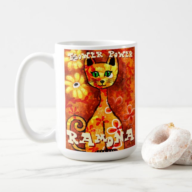 Caneca De Café Poder Floral Retro Caprichoso Gato Personalizado (Com Donut)