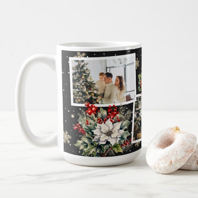 Caneca De Café Poinsettia Holly Berries Foto Preta Natal (Com Donut)
