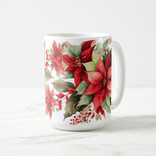 Caneca De Café Poinsettia Holly Berry Red White Flower Natal