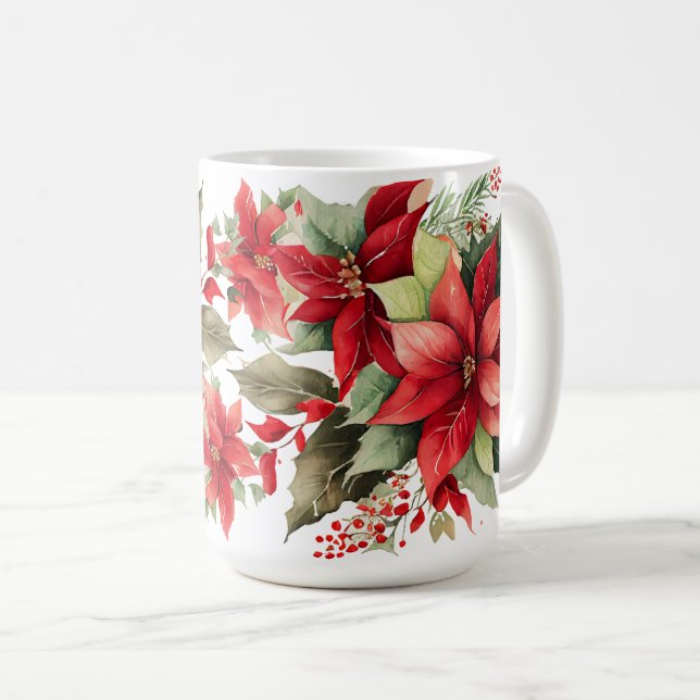 Caneca De Café Poinsettia Holly Berry Red White Flower Natal (Frente Esquerda)