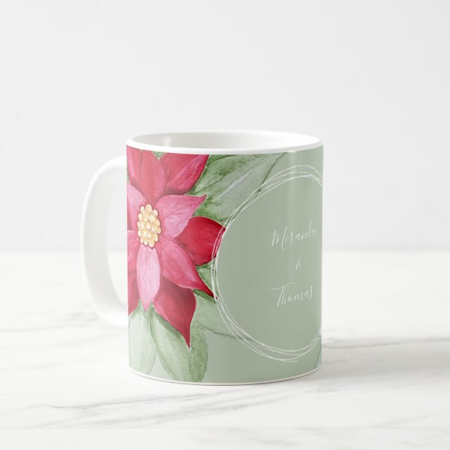 Caneca De Café Poinsettia Natal Pintado com Aquarela (Frente Esquerda)