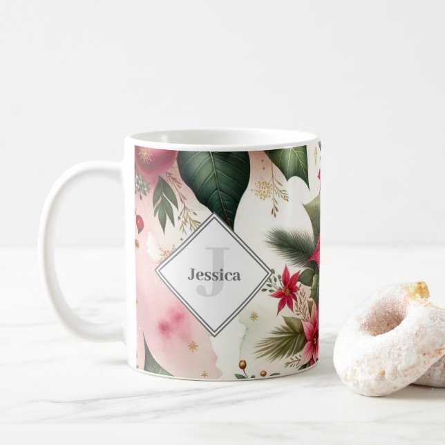 Caneca De Café Poinsettia personalizada de feriados vermelhos e v (Com Donut)