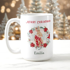 Caneca De Café Poinsettia Winter Bunny Name Christmas Mug