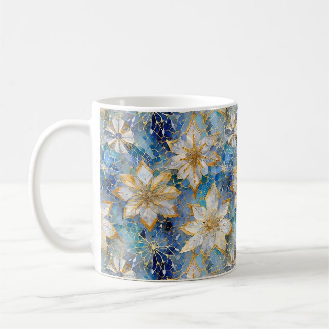 Caneca De Café Poinsettias Douradas de Natal Azul (Esquerda)