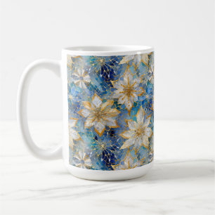 Caneca De Café Poinsettias Douradas de Natal Azul