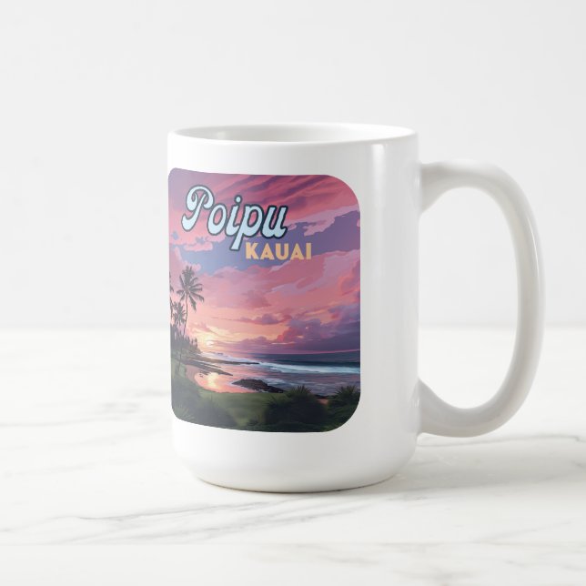 Caneca De Café Poipu Kauai Hawaii Beach Palm Trees Retro (Direita)