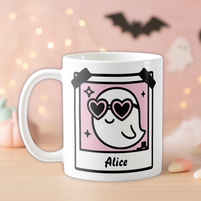 Caneca De Café Polaroide rosa-Gótico Ghost Pastel Doce e Spooky (Sweet & Spooky Ghost Mug Pastel Goth Pink & Black ’90s Polaroid)