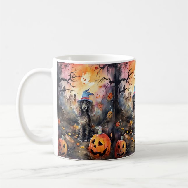 Caneca De Café Poodle Halloween Com Pumpkins Assustado (Esquerda)