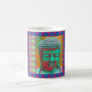 Caneca De Café Pop Buda com bordas de retalhos em azul e rosa