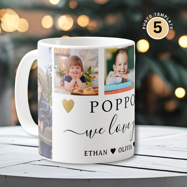 Caneca De Café Poppop We Love You Grandkids 5 Photo Collage (Criador carregado)
