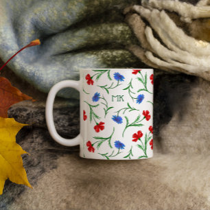 Caneca De Café Poppy & Cornflower, Red Blue Floral Monograma