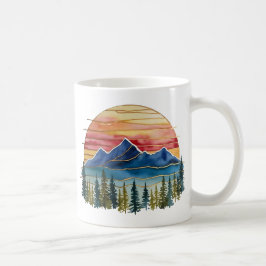 Caneca De Café Pôr do Sol Montanhoso em Aquarela Horizonte Dourad