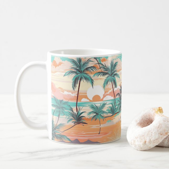 Caneca De Café Pôr do Sol na Praia Tropical (Com Donut)