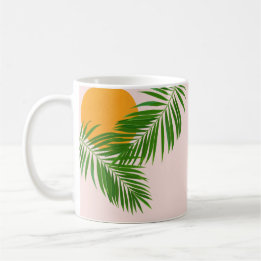 Caneca De Café Pôr do Sol Tropical Retro Folhas de Palmeira Nome