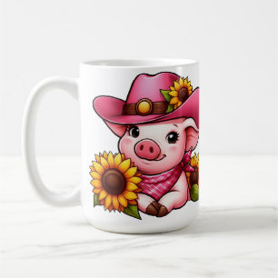 Caneca De Café Porco de desenho com chapéu rosa e girassóis