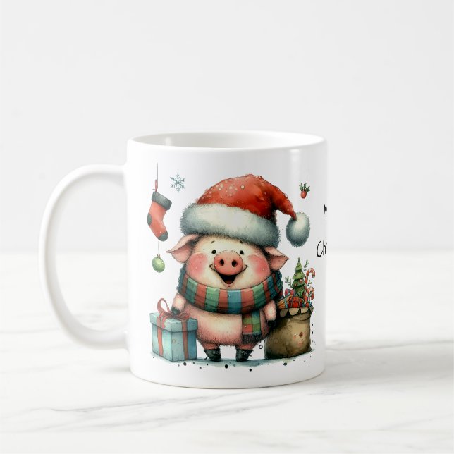 Caneca De Café Porco de Natal bonito com presentes (Esquerda)