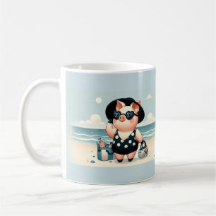 Caneca De Café Porco Fofo em Maiô de Bolinhas na Praia