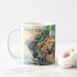 Caneca De Café Positano Itália Costa Amalfi Paisagem Aquarela
