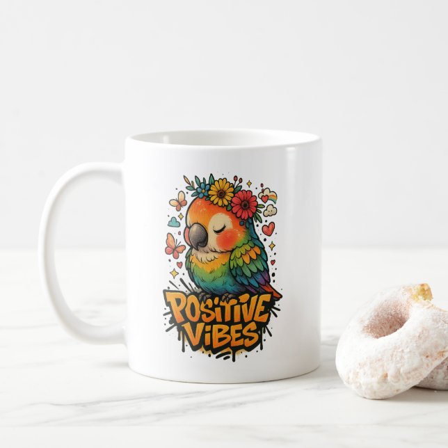 Caneca De Café “Positive Vibes” Parrot (Com Donut)