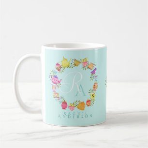 Caneca De Café Potes de chá e copos Monograma Pastel Blue Mug