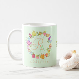 Caneca De Café Potes de chá e copos Monograma Pastel Green Mug