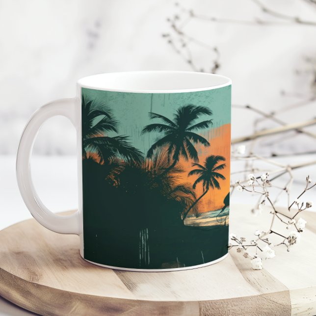Caneca De Café Praia Surf Retro Pôr do Sol Adicionar Nome (Criador carregado)