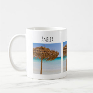 Caneca De Café Praia Tropical Cênica com Guarda-Sol de Palha
