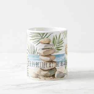 Caneca De Café Praia Zen Rochas Conchas Tropicais Folhas de Palme