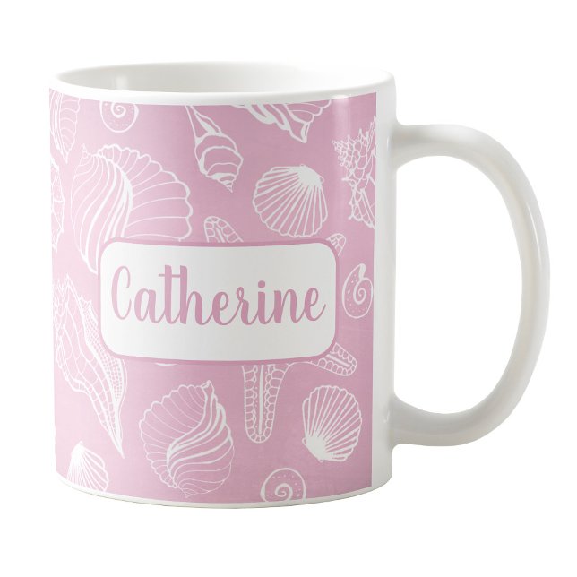 Caneca De Café Prata Branca Personalizada Coluna Rosa de Praia (Personalized White Seashells Pink Beach Mug at Amy's Coffee Mugs on Zazzle. )
