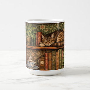 Caneca De Café Prateleira de livros antiga com gato e café