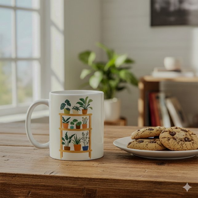 Caneca De Café Prateleira de Plantas Potentes (House plants on a wooden stand mug)