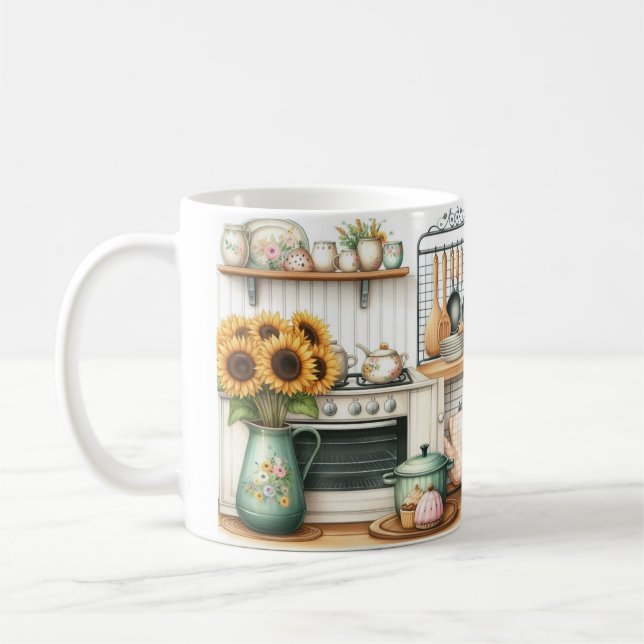 Caneca De Café Pratos de Cozinha Retro e Girassóis  (Esquerda)